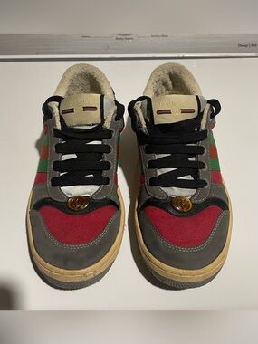 Gucci Multi-Color Low-Top Screener Suede Sneakers with Red & Green Web
